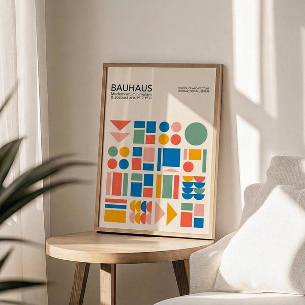 May include: Framed Bauhaus poster with colorful geometric shapes - circles, squares, triangles, and rectangles in red, blue, yellow, green, and pink - displayed on round wooden side table next to beige upholstered chair. Natural light streams across white wall creating soft shadows. Plant leaves visible in corner of minimalist, modern interior setting.