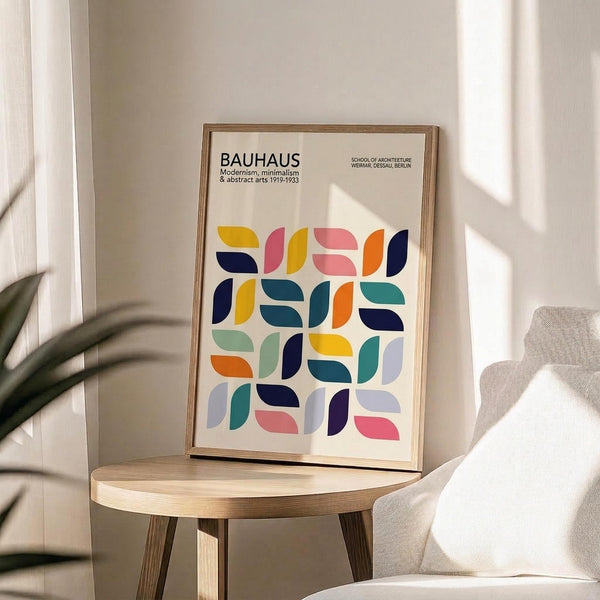 May include: Framed Bauhaus poster with colorful geometric half-circle pattern in pink, yellow, orange, teal, navy and green on cream background, displayed on light wood round side table next to beige upholstered chair with plant leaves visible, natural sunlight creating shadows on white wall