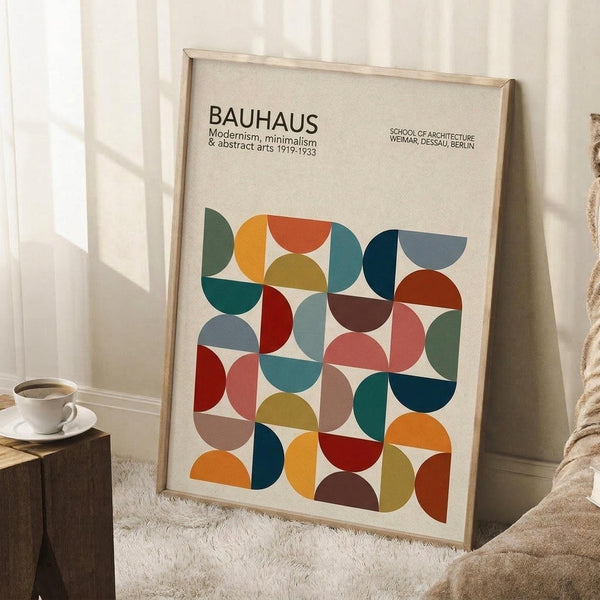 May include: Framed Bauhaus-style poster with colorful geometric semicircles in a grid pattern, featuring vibrant oranges, teals, reds, and earth tones on cream background. Light wood frame leans against white wall next to beige couch, with coffee cup on wooden block nearby on textured rug.