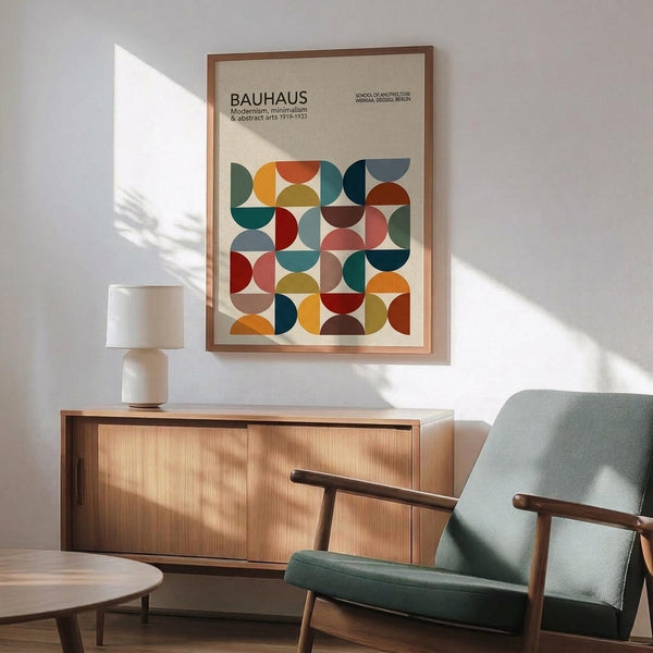 May include: Framed Bauhaus poster with colorful geometric circles in red, orange, blue, green, and brown tones displayed above a wooden mid-century modern credenza. Scene shows mint green upholstered chair with wooden arms, white ceramic table lamp, and round coffee table in a bright room with natural sunlight casting shadows on white walls.