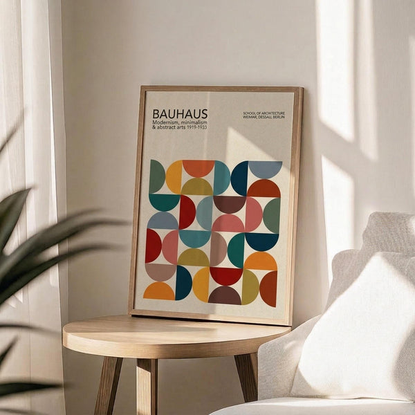 May include: Framed art print with colorful geometric circles and semicircles in a grid pattern, featuring vibrant reds, blues, greens, yellows and earth tones on cream background. The poster sits on a round wooden side table next to a beige upholstered chair, with plant shadows cast on white wall behind. Natural lighting creates soft shadows across the minimalist room setting.