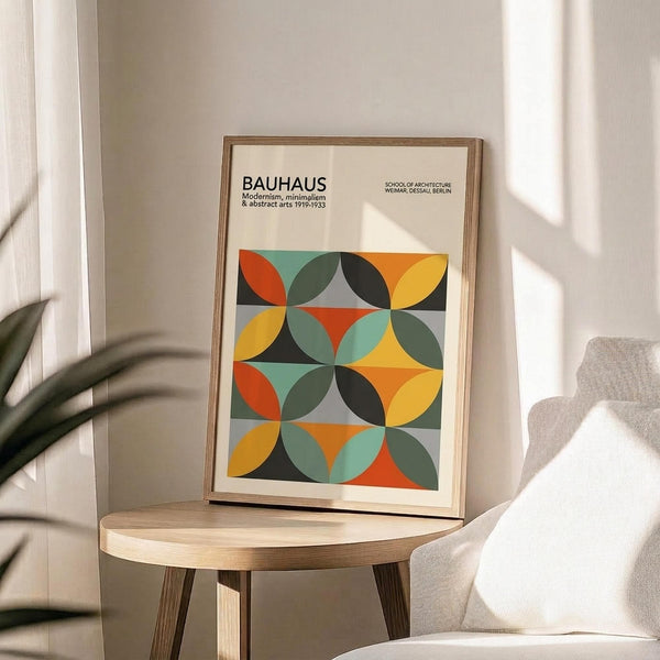 May include: Framed Bauhaus poster with geometric pattern of overlapping circles in orange, yellow, mint green, and gray on cream background, displayed on round wooden side table next to beige upholstered chair with plant shadow cast on white wall behind
