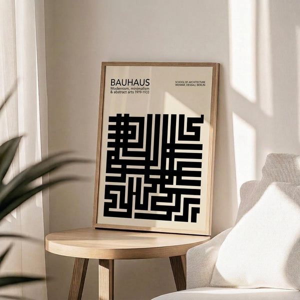 May include: Black and white Bauhaus poster with geometric maze-like pattern displayed in thin wooden frame on round wooden side table next to beige upholstered chair. Soft natural lighting creates shadows on cream wall behind, with green plant leaves visible in corner of minimalist modern room setting.