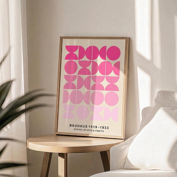 May include: Pink gradient geometric circle and semicircle pattern poster in natural wood frame, displayed on round wooden side table next to beige upholstered chair. Soft natural lighting creates window shadows on neutral wall. Green plant leaves visible in corner. Mid-century modern minimalist room styling with cream and beige color palette.