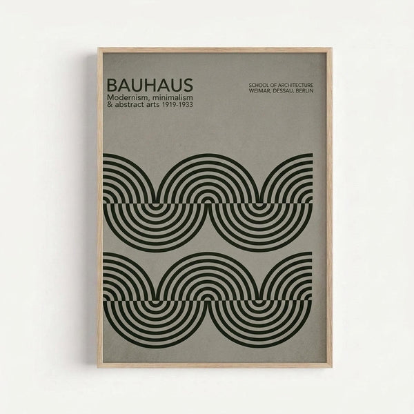 Framed poster with beige background featuring geometric black concentric circles arranged in an interlocking wave pattern. Text reads "BAUHAUS" at top with "Modernism, minimalism & abstract arts 1919-1933" below, plus "SCHOOL OF ARCHITECTURE WEIMAR, DESSAU, BERLIN" in upper right corner. Light wood frame against white wall creates minimalist display.