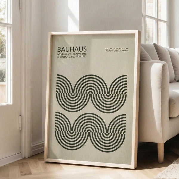 May include: Large framed poster with cream background featuring geometric black concentric semicircles in repeating wave pattern, text reading "BAUHAUS" and "Modernism, minimalism & abstract arts 1919-1933" at top, displayed in bright living room corner next to beige upholstered chair with throw pillows, white walls, and windows with natural light streaming in.