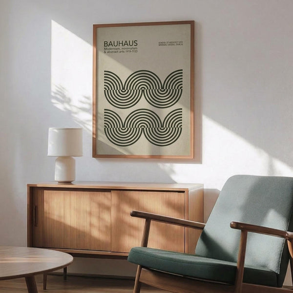 May include: Framed Bauhaus poster with geometric black concentric circles in wave pattern on beige background, displayed above wood sideboard with ceramic lamp. Mid-century modern furniture including teal upholstered armchair with wooden frame, round coffee table. Bright natural sunlight creates dramatic shadows across white wall in minimalist interior setting.