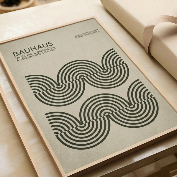 May include: Bauhaus-inspired poster print displayed in wooden frame on light wooden surface alongside white paper roll. Features modernist geometric design with interlocking curved striped patterns in dark green on cream background. Text reads "BAUHAUS Modernist minimalism & abstract arts 1919-1933" with "School of Architecture Weimar Dessau Berlin" above. Clean minimalist aesthetic with natural lighting creating soft shadows.