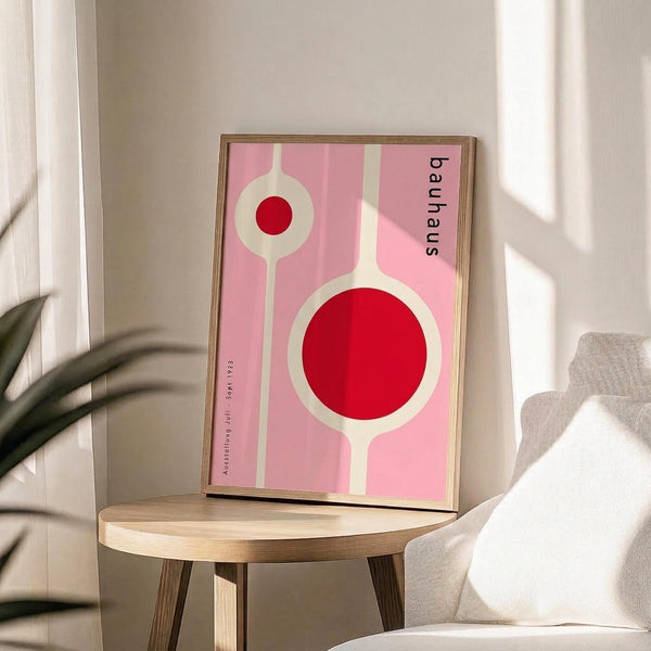 May include: Framed poster with pink background and geometric white circles containing red centers, displayed on light wood round side table next to beige upholstered chair. Natural sunlight creates soft shadows across white wall. Green plant leaves visible in corner. Modern minimalist interior styling with neutral tones throughout room setting.