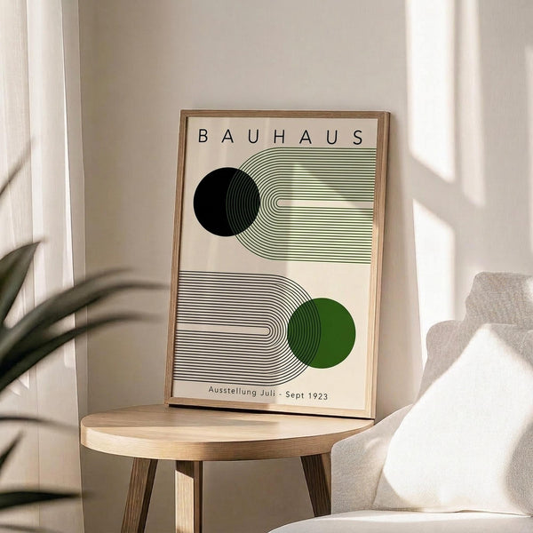 May include: Bauhaus-style poster print in wooden frame displayed on round wooden stool next to beige upholstered chair. Design features geometric black and green circles with curved concentric lines forming abstract shapes on cream background. Soft natural lighting creates shadows from nearby plant leaves on neutral wall.