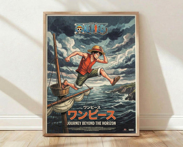 May include: Framed One Piece anime poster showing Luffy in red shirt and straw hat leaping from a wooden boat mast over choppy ocean waters under stormy clouds. Japanese text reads "Journey Beyond the Horizon" in orange letters. Light wood frame sits on wooden floor against white wall with natural lighting and shadows.