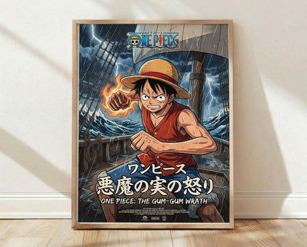 May include: Framed One Piece anime poster showing Luffy in his signature straw hat and red vest, throwing a flaming punch on a stormy ship deck with lightning and turbulent seas. The poster features Japanese text and English subtitle "The Gum-Gum Wrath" in a light wood frame, leaning against a white wall on wooden flooring with natural lighting casting shadows.