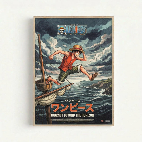 Framed One Piece anime poster showing Luffy in his signature red vest and straw hat leaping from a wooden sailing ship. The illustration features dramatic storm clouds in a dark sky, choppy ocean waters, and rocky coastline. Japanese text and "Journey Beyond the Horizon" appear at the bottom. The artwork has a vintage, hand-drawn aesthetic with muted blues, grays, and warm accent colors, displayed in a light wooden frame against a white wall.