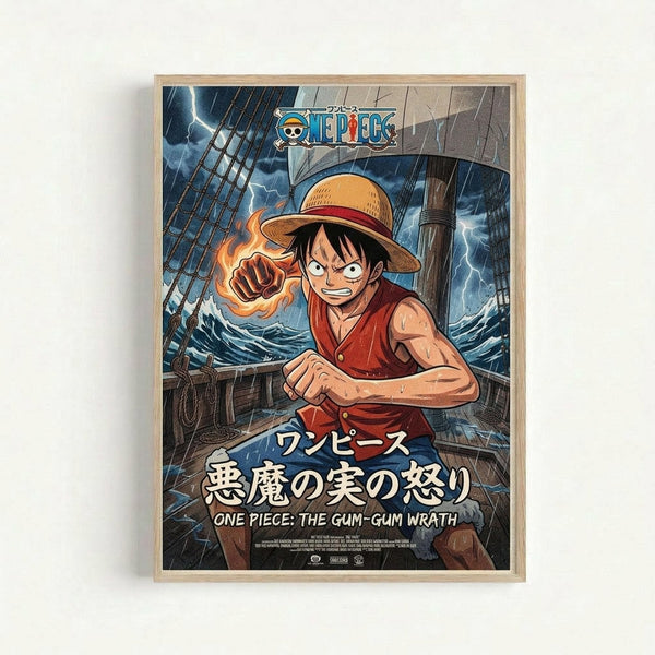 Framed anime poster featuring Monkey D. Luffy from One Piece in dynamic fighting pose on a ship deck during a storm. The character wears his signature straw hat and red vest, with one flaming fist extended forward. Dark stormy seas and lightning fill the dramatic background with ship rigging and masts visible. Japanese and English text appears at bottom. Natural wood frame against white wall background.