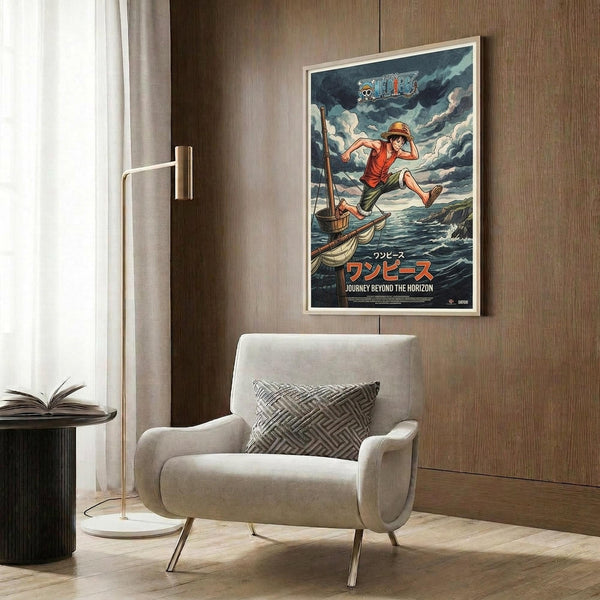 May include: One Piece anime poster mounted on wood-paneled wall above beige armchair with geometric pillow. Artwork shows Luffy in red shirt and straw hat leaping from small boat against stormy ocean backdrop with Japanese text. Modern living room setting features brass floor lamp, dark round side table with open book, and neutral tones throughout.
