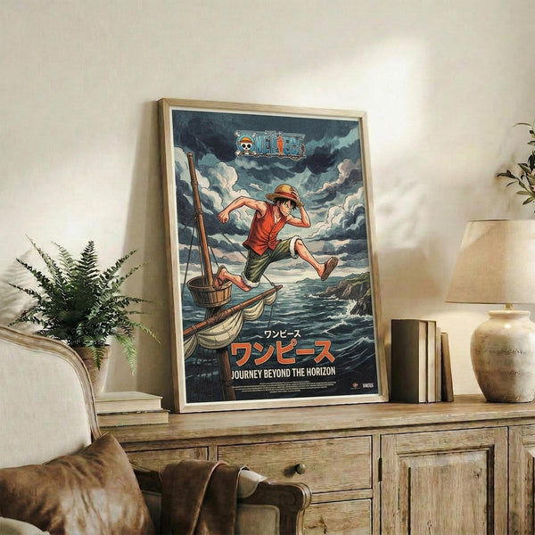 May include: Framed One Piece anime poster featuring Luffy in red shirt and straw hat leaping from wooden boat over stormy ocean waters with dramatic cloudy sky, displayed on rustic wooden sideboard next to fern plant, pottery vase, and leather armchair in cozy living room setting with neutral beige walls