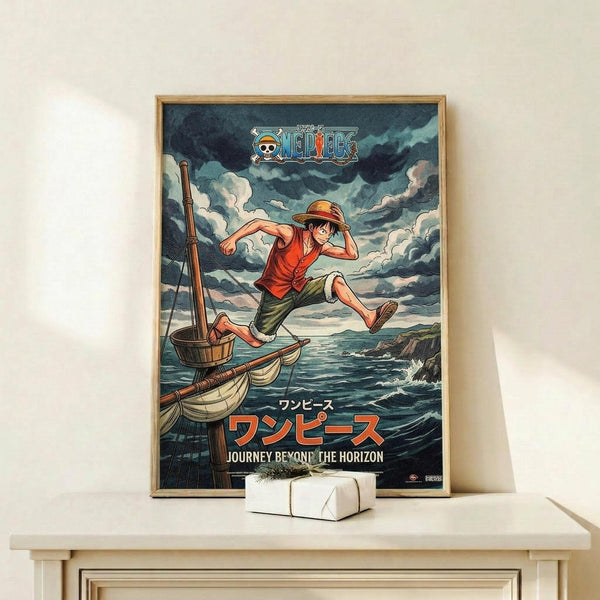 May include: Framed One Piece anime poster showing Luffy in his signature red vest and straw hat leaping from a wooden sailing boat across choppy ocean waters under dramatic stormy skies. The artwork features vibrant colors with Japanese text and "Journey Beyond the Horizon" subtitle. Light wood frame sits on a minimalist white shelf next to a small white wrapped gift against a cream wall.