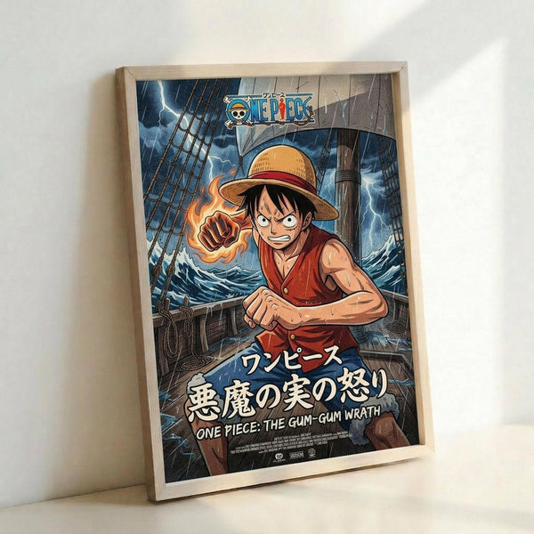 May include: Framed anime poster showing character with straw hat throwing flaming punch on stormy ship deck. Lightning strikes dark sky behind sailing vessel with rigging and masts. Character wears red vest, determined expression. Japanese text overlays dramatic blue and orange scene. Light wooden frame leans against white wall.