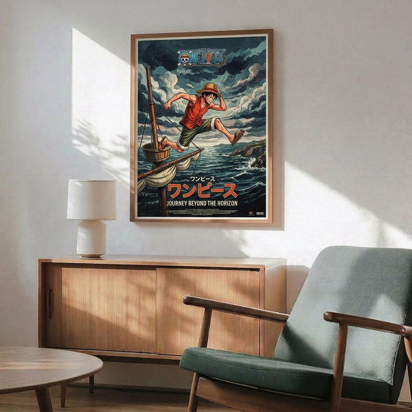May include: Framed One Piece anime poster featuring Luffy in red shirt and straw hat leaping from a wooden boat against stormy ocean backdrop with dramatic clouds. The vintage-style artwork shows Japanese text and "Journey Beyond the Horizon" subtitle. Displayed above mid-century modern walnut credenza with white ceramic lamp, next to sage green upholstered armchair with wooden frame in bright, naturally-lit room with white walls.