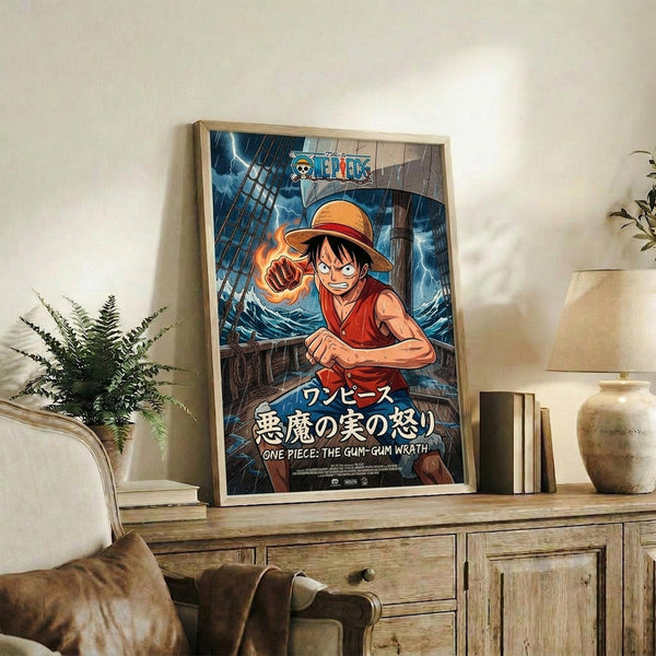 May include: Framed anime poster displayed on rustic wooden sideboard in cozy living room setting. Artwork shows character in red outfit and straw hat with flaming fist on stormy ship deck, featuring blue lightning effects and Japanese text. Frame has light wood finish, surrounded by fern plant, ceramic vases, books, and cream upholstered furniture.