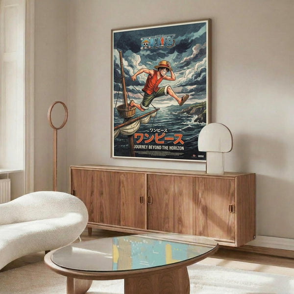 May include: One Piece anime poster featuring Luffy in red shirt and straw hat leaping from wooden boat against stormy ocean backdrop with dramatic clouds. Japanese text reads "Journey Beyond the Horizon." Poster displayed in modern living room with walnut credenza, white curved chair, oval glass coffee table, and minimalist decor in neutral tones.