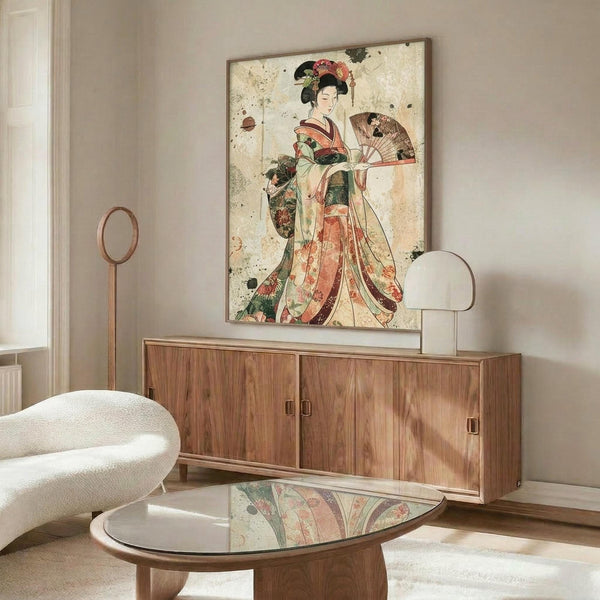 May include: Japanese geisha artwork in ornate kimono with floral patterns, holding decorative fan, displayed above wooden credenza in modern living room with white curved chair, glass coffee table, and warm lighting reflecting on polished floors
