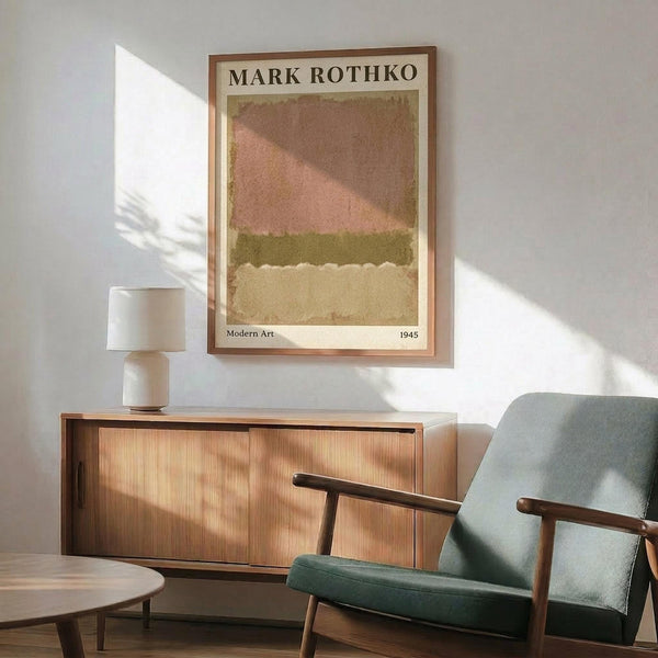 May include: Framed Mark Rothko-inspired abstract art poster with warm earth tones - pink, olive green, and cream color blocks - hanging above a mid-century modern wooden sideboard. Green upholstered armchair with wooden frame sits nearby, along with a small round coffee table and white ceramic table lamp. Soft natural lighting creates shadows on white wall in minimalist living room setting.