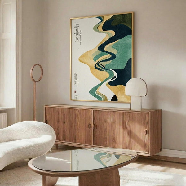 May include: Abstract flowing artwork with green, gold, and dark blue curved shapes resembling water or landscape forms, displayed in gold frame above wooden sideboard. Modern living room setting with white curved chair, round glass coffee table, floor lamp, and table lamp. Chinese characters visible on poster. Warm neutral wall colors with natural lighting.