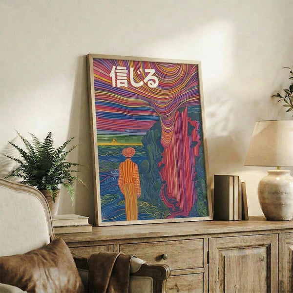 May include: Colorful framed art print with swirling psychedelic patterns in vibrant blues, purples, reds and yellows, featuring a figure looking toward flowing abstract forms and Japanese text at top. Light wood frame sits on rustic wooden sideboard next to fern plant, ceramic vase, and leather chair in neutral-toned room.