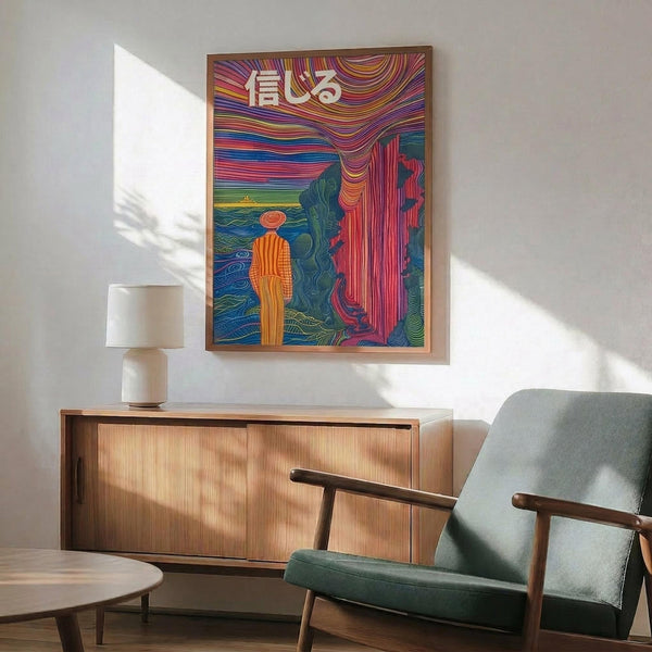May include: Colorful surreal poster with Japanese characters displayed in modern living room setting. Artwork features vibrant flowing lines in rainbow colors depicting figure near waterfall landscape. Shown in light wood frame above walnut credenza with ceramic lamp. Mid-century green upholstered chair with wooden arms positioned nearby on hardwood floor against white wall with natural window light creating shadows.