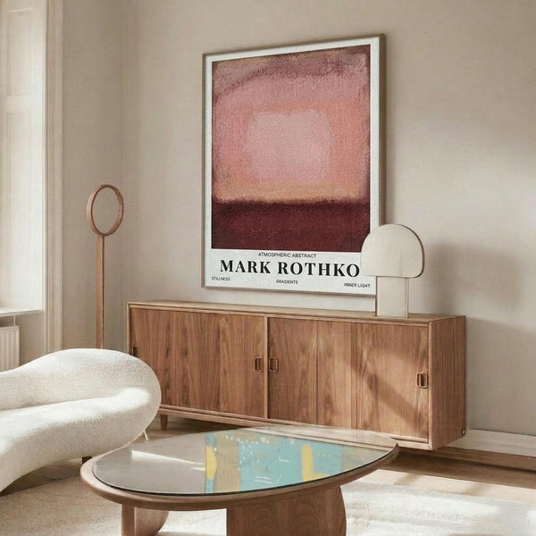 May include: Pink and burgundy abstract art print in white frame hanging above wooden sideboard in modern living room. White curved chair and glass coffee table with colorful surface visible. Warm natural lighting creates shadows on cream walls.