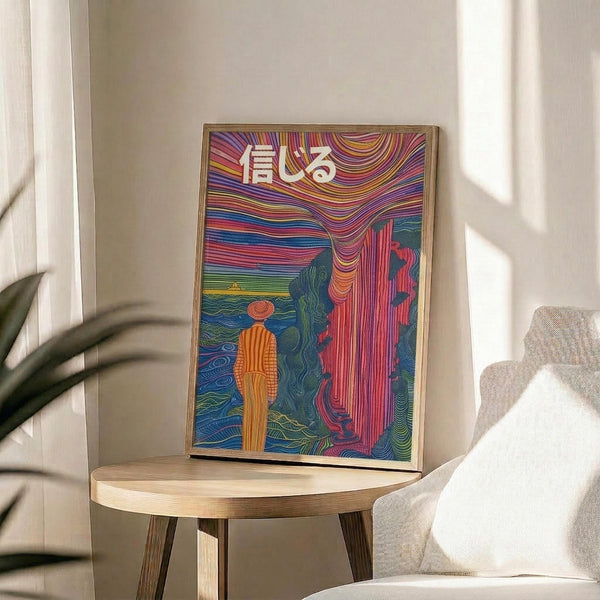 May include: Colorful abstract art print in light wood frame sitting on round wooden side table next to beige upholstered chair. Artwork features vibrant flowing lines in rainbow colors - purple, pink, orange, blue, green - with Japanese characters at top and silhouette figure. Bright sunlight streams across white wall creating geometric shadows. Green plant leaves visible in corner.