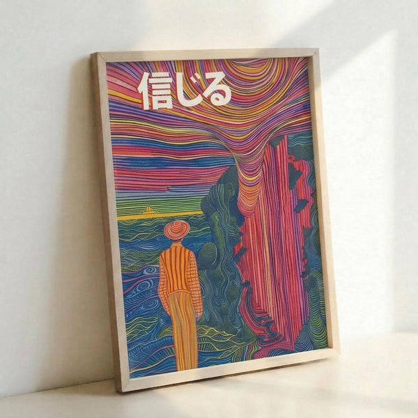 Framed poster with vibrant psychedelic artwork featuring flowing rainbow-colored lines and waves in pink, purple, blue, orange, and green. Shows a stylized figure wearing a hat standing near a large waterfall or cascade, with Japanese characters at the top. The swirling, undulating patterns create a surreal landscape effect. Light wooden frame leaning against white wall corner.