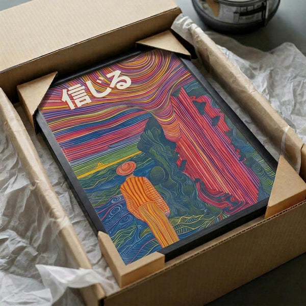May include: Framed abstract surreal artwork in vibrant rainbow colors featuring flowing wavy lines and geometric shapes, with white Japanese characters visible in upper left. Art print shown in black frame nestled in brown cardboard shipping box with protective tissue paper padding. Colorful swirling patterns in red, orange, yellow, green, and blue create dreamlike landscape composition.