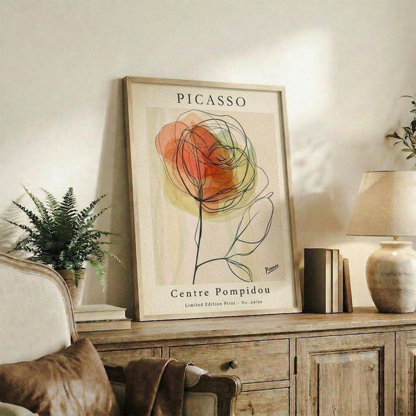 May include: Framed Picasso-style line art poster featuring an abstract rose with flowing circular lines in orange and green watercolor tones, displayed on a rustic wooden sideboard alongside leather sofa, potted fern, ceramic vases, and stacked books in a warm-toned living room setting.