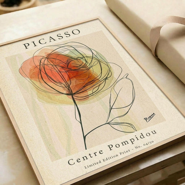 Minimalist line drawing poster of a rose in Picasso's style, featuring continuous black lines forming the flower and stem with orange and yellow watercolor washes. The cream-colored print shows "PICASSO" at top and "Centre Pompidou" at bottom, with artist signature visible. Limited edition numbering "04/150" appears in corner. The framed artwork lies on white fabric alongside rolled paper tubes, creating an elegant flat lay composition.