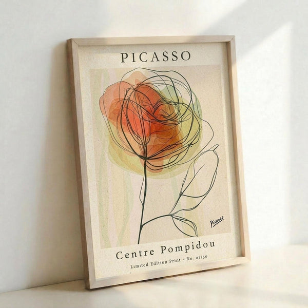May include: Framed art print leaning against white wall showing abstract line drawing of a rose flower with orange and yellow watercolor wash. Features "PICASSO" at top, "Centre Pompidou" at bottom with limited edition numbering. Simple continuous black line work depicts rose bloom and stem with leaves on cream textured background in light wood frame.