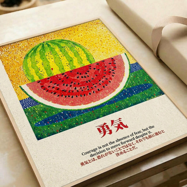A colorful pointillism-style watermelon illustration on white paper in an open book or portfolio. The watermelon slice shows green striped rind and red flesh with black seeds against a yellow dotted background. Below the artwork are Japanese characters and English text about courage. The paper has a cream-colored tone and sits on what appears to be a white surface with rolled papers nearby.