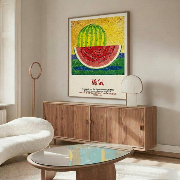 May include: Colorful watermelon art print with Japanese text displayed above wooden credenza in modern living room. The pointillism-style artwork shows a green watermelon and red slice against yellow and blue background, framed in light wood. Room features cream walls, white curved chair, oval glass coffee table, and brass floor lamp.