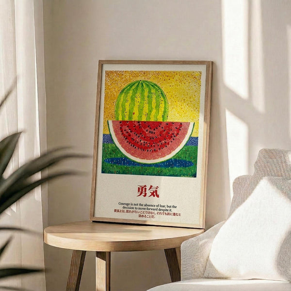 May include: Framed poster print featuring a colorful watermelon illustration with green rind and red flesh filled with black seeds, set against a yellow dotted background with blue and green horizontal bands below. Japanese characters and English text about courage appear beneath the artwork. The wooden-framed print sits on a round wooden side table next to a beige upholstered chair, with plant leaves visible in soft natural lighting.