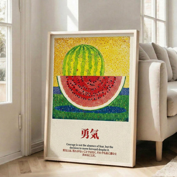 May include: Framed poster with colorful pointillist-style watermelon artwork featuring green striped rind, red flesh with black seeds, and blue accents on yellow dotted background. Japanese characters and English text about courage below the illustration. Light wood frame leaning against white wall next to beige sofa in bright living room with large windows.