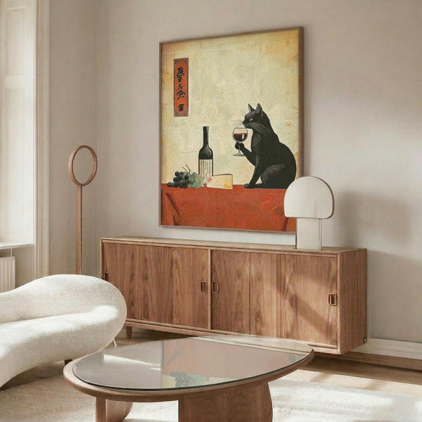 May include: Framed poster in modern living room showing black cat holding wine glass at table with wine bottle, grapes, and cheese in Japanese ukiyo-e art style on aged parchment background with red table and Japanese characters. Room features white curved chair, wooden sideboard, glass coffee table, and white dome lamp.
