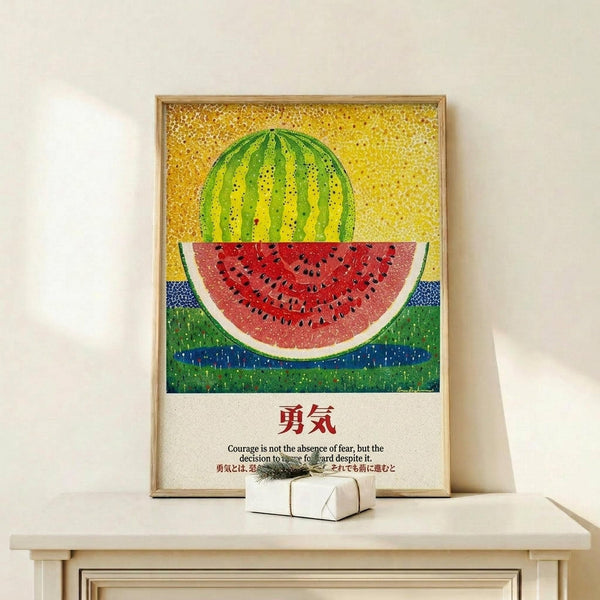 May include: Framed colorful watermelon artwork in pointillist style with yellow background, red fruit flesh with black seeds, and green rind. Japanese characters and English quote about courage below the image. Small white gift box with evergreen sprig sits on light wood surface beside the frame against white wall.