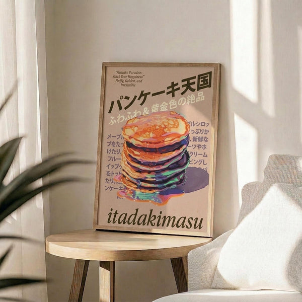 May include: Framed poster with colorful stack of pancakes in artistic style, featuring Japanese text and "itadakimasu" at bottom. Poster sits on light wood round side table next to beige upholstered chair. Plant leaves visible in corner, soft natural lighting creates shadows on white wall background.