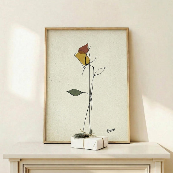 May include: Framed minimalist line drawing of a single rose with yellow and burgundy petals, green leaf, displayed on light wood shelf against cream wall. Simple black line art style with selective color fills. Small wrapped gift box with greenery sits beside the wooden frame.