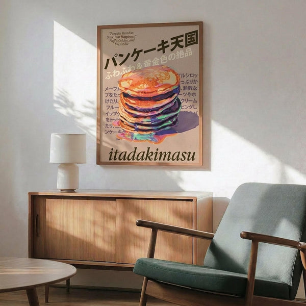 May include: Framed poster displaying colorful stack of pancakes with Japanese text on beige background, shown in mid-century modern living room setting with teal upholstered chair, wood sideboard, white ceramic lamp, and natural sunlight casting shadows on white wall.
