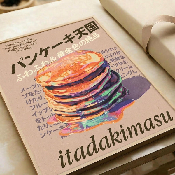 May include: Colorful poster print featuring a stack of fluffy pancakes with vibrant purple, orange, pink and teal syrup dripping down. Japanese text surrounds the artwork on cream-colored paper. The print sits on a white surface next to rolled white paper, showing the poster's size and matte finish texture.