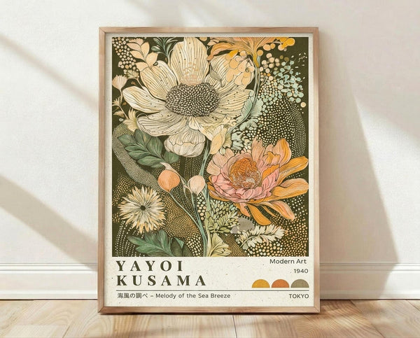 May include: Framed botanical art print leaning against white wall on light wood floor. Features large stylized flowers in cream, coral, and orange tones with detailed dotted patterns against dark green background. Japanese text and "Modern Art 1940 TOKYO" appear below artwork. Natural wood frame with white mat. Soft window light creates gentle shadows on textured white wall.