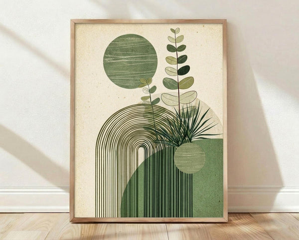 May include: Framed botanical abstract art print leaning against white wall on light wood floor. Features green geometric shapes including circles and arched lines, eucalyptus branches, and a spiky plant element on cream textured background. Natural wood frame with warm lighting and soft shadows.