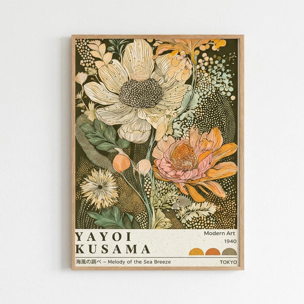 May include: Framed botanical art print mounted on white wall featuring large cream and orange flowers with detailed centers, green leaves, and dotted patterns on olive background. Modern museum-style poster with artist name, date 1940, Japanese text, and color palette swatches at bottom in light wood frame.
